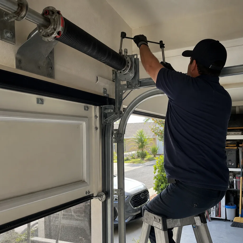 Technician performing professional garage door torsion spring tension adjustment